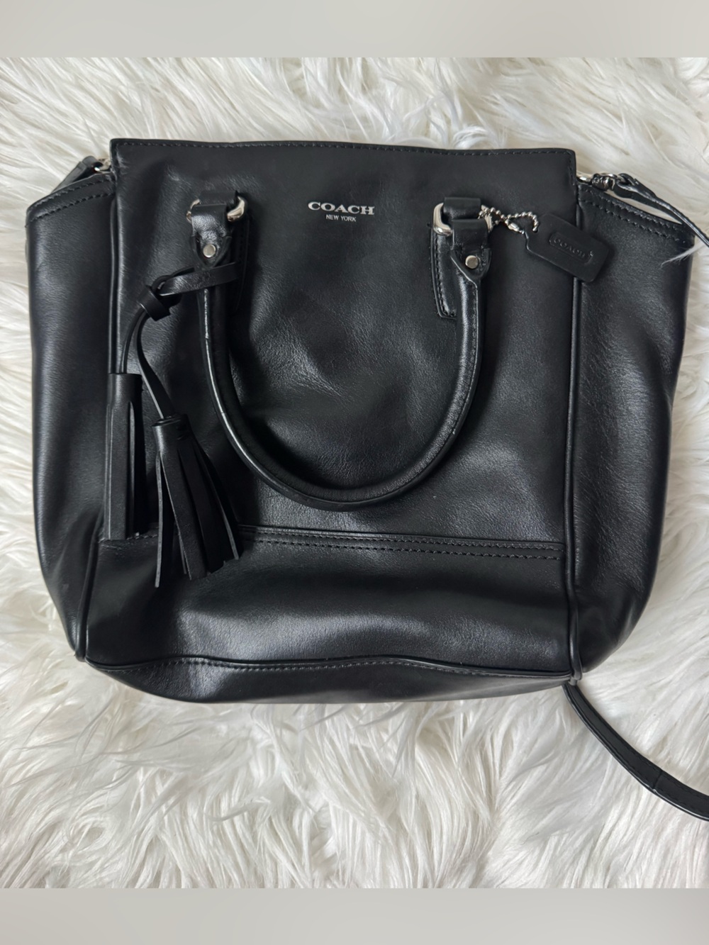 Coach Black Leather Shoulder Tote with Tassel Charm - Picture 8 of 8